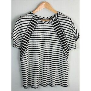 BKE Striped Textured Knit Top Large Black White Raglan Short Sleeve